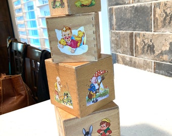 Vintage Nesting Four Handmade Wood Boxes Adorned With Child's Motifs