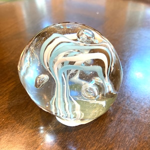 Vintage Organically Shaped Light Blue Swirl And Bubbles Art Glass Paperweight