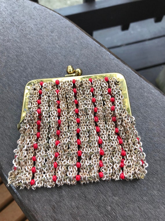 Vintage Gold Chain Maille Mesh With Red Beads Coi… - image 2