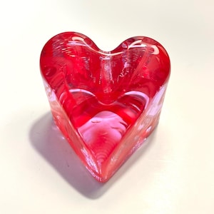 Vintage Fire And Light Recycled Glass Heart With Clear And Red Swirl Art Glass Paperweight