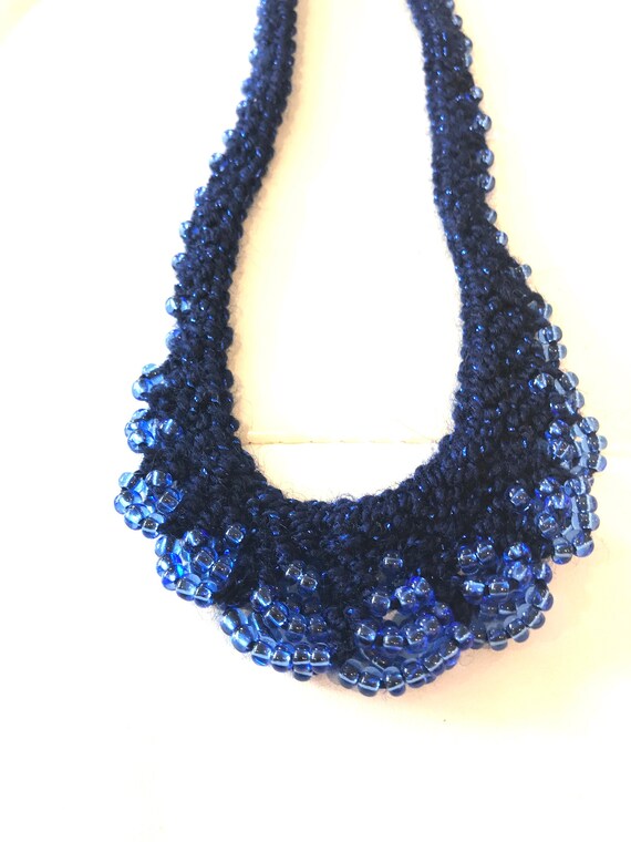 Vintage Blue Knot Crochet And Beaded Bib Necklace - image 2