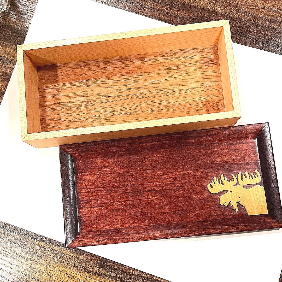 Vintage Handcrafted Wood Box With Moose Inlay From the Wooden