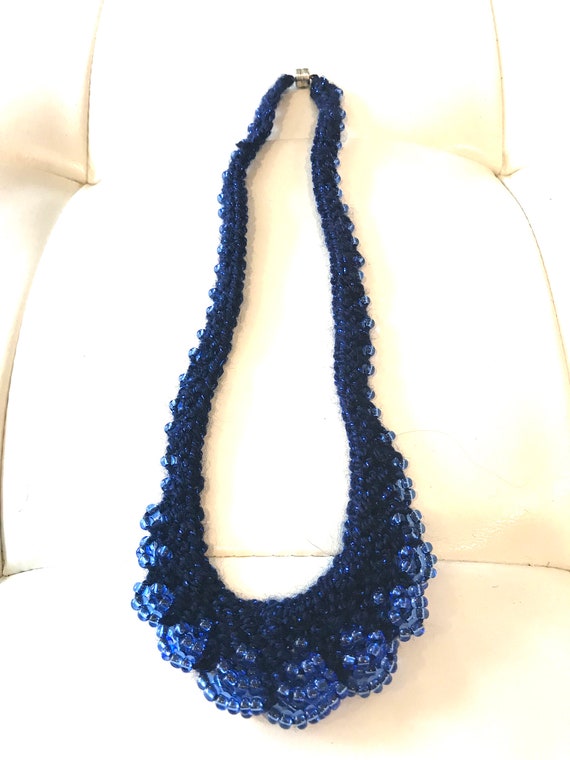 Vintage Blue Knot Crochet And Beaded Bib Necklace - image 4