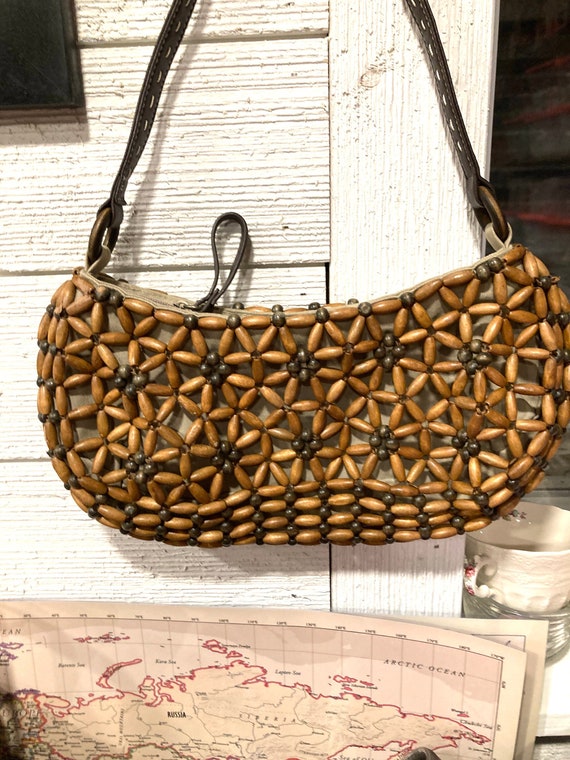Vintage Nine West Wood Beaded Shoulder Handbag