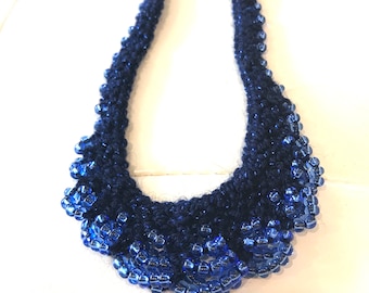 Vintage Blue Knot Crochet And Beaded Bib Necklace