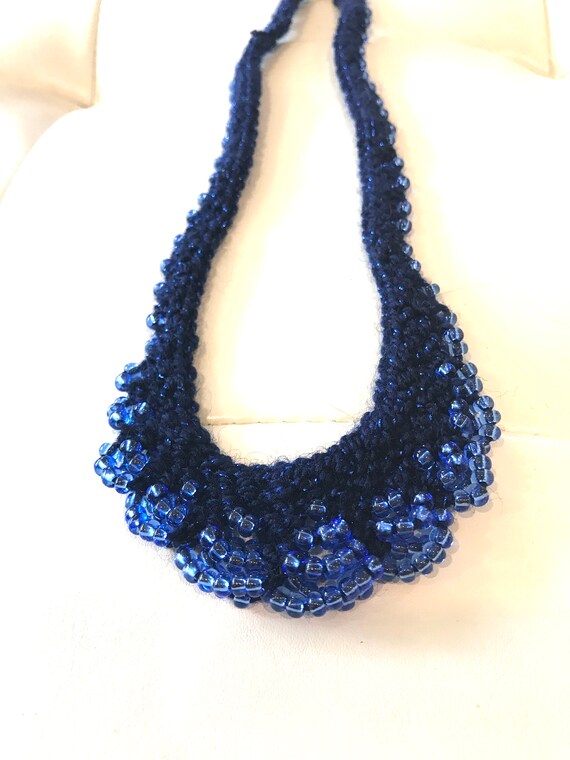 Vintage Blue Knot Crochet And Beaded Bib Necklace