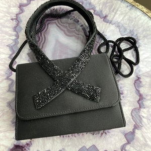 Vintage Carlo Fellini Black Satin Evening Bag Crossbody Or Hand Carry With Beaded Straps