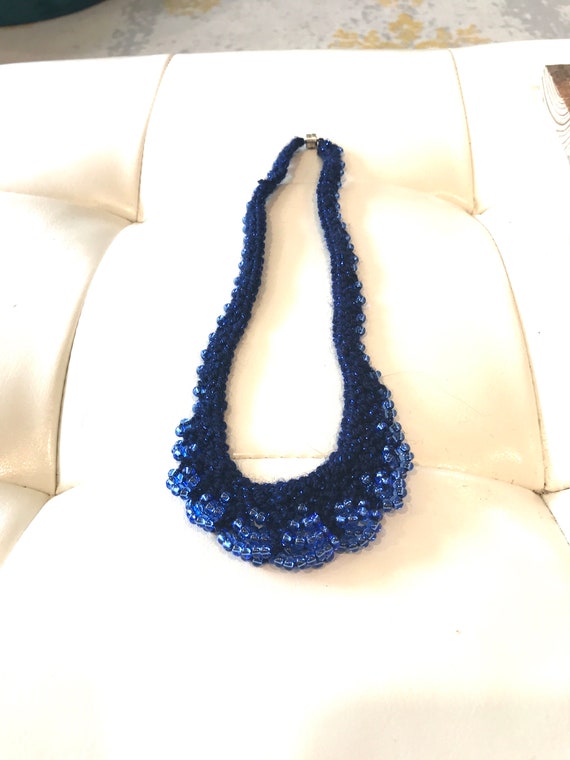 Vintage Blue Knot Crochet And Beaded Bib Necklace - image 5