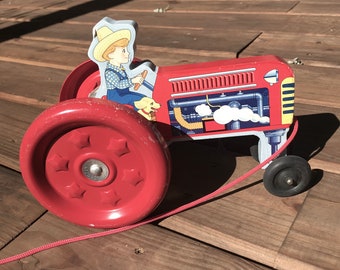 Vintage Schylling Farmer Boy/Dog Pull Toy Tractor