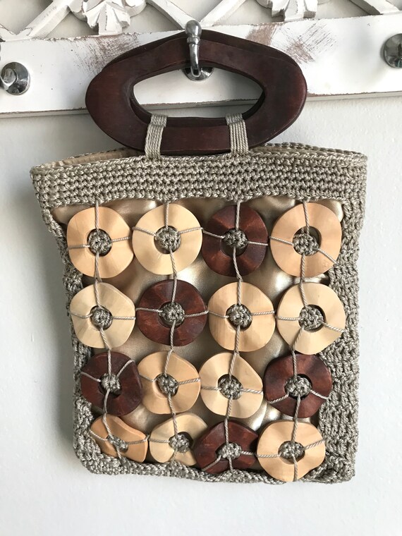 Vintage Tan Macrame Crochet Handbag With Wood Acc… - image 5