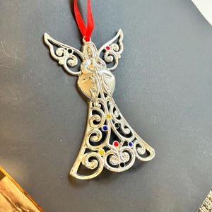 Vintage Lenox Silver Jeweled Sparkle And Scroll Angel With Multi-Colored Crystals Christmas Ornament