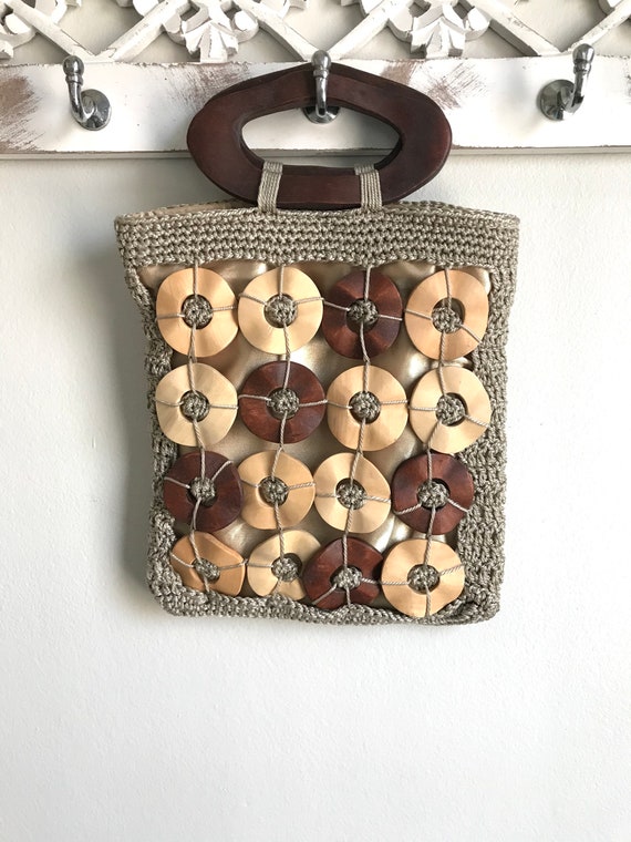 Vintage Tan Macrame Crochet Handbag With Wood Acc… - image 2