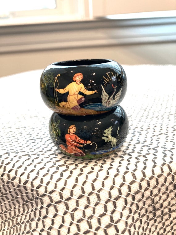 Vintage Wooden Hand Painted Black Lacquered Napkin Ring Holders Etsy