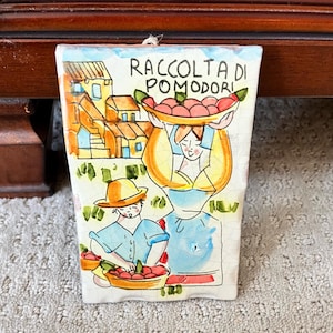 Vintage Cortopassi Family &quot;Tomato Harvest&quot;Italy  Handpainted Baked Clay Hanging Wall Plaque