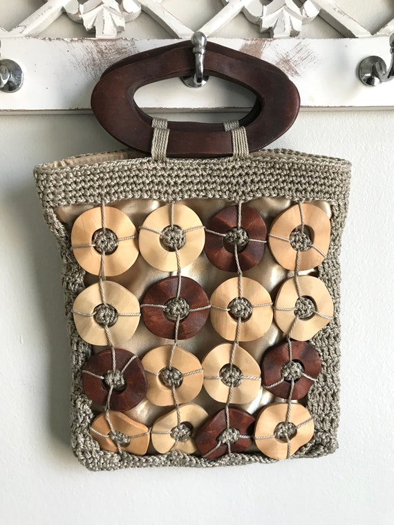 Vintage Tan Macrame Crochet Handbag With Wood Acc… - image 6