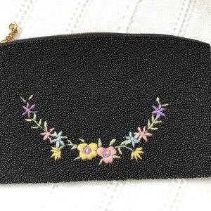 Vintage Black Seed Beaded Evening Bag With Embroidered Floral Design Handbag