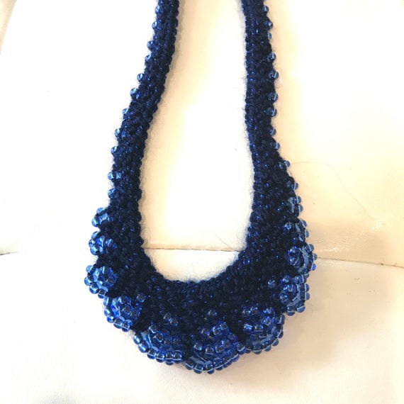 Vintage Blue Knot Crochet And Beaded Bib Necklace - image 3
