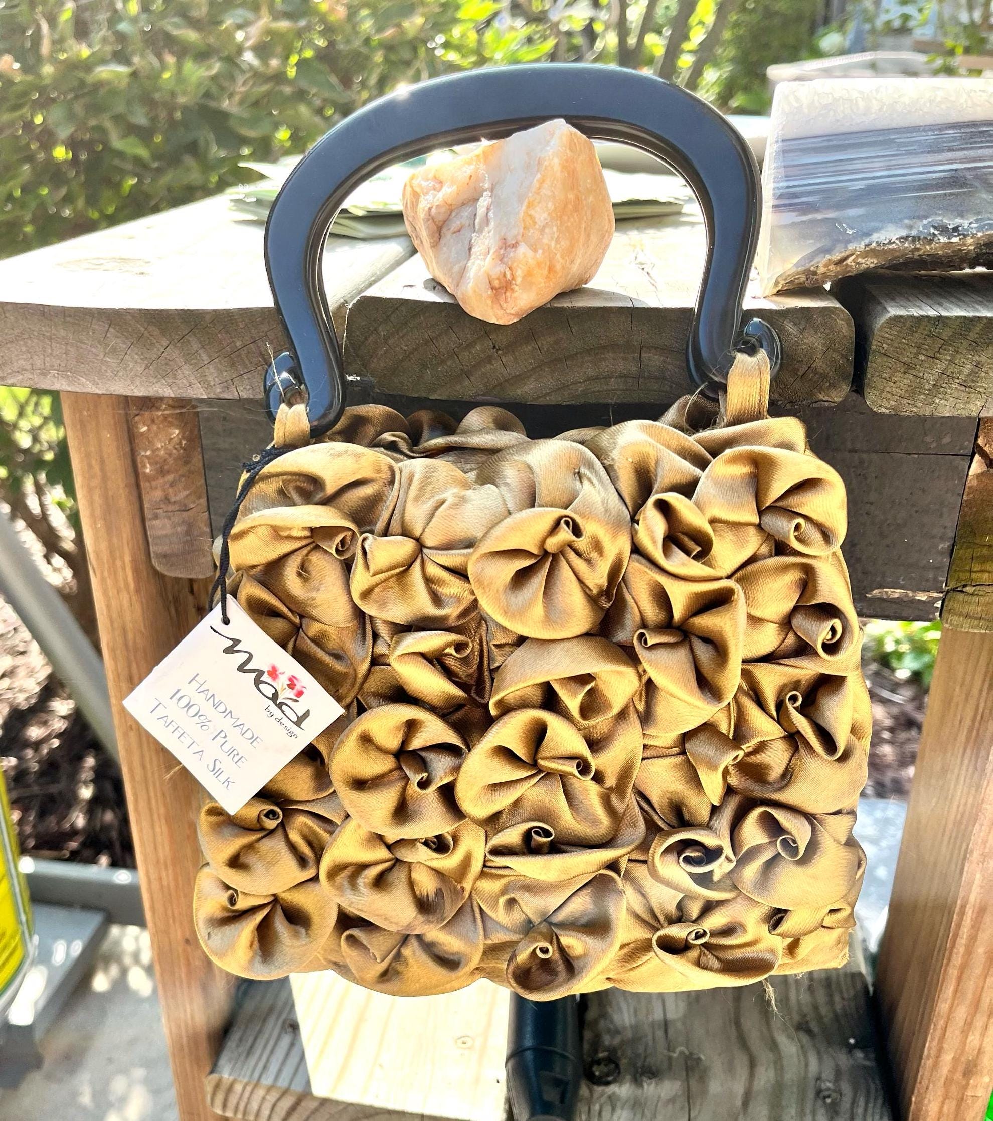 Bronze Rose Taffeta Silk Handbag With Natural Horn Handles