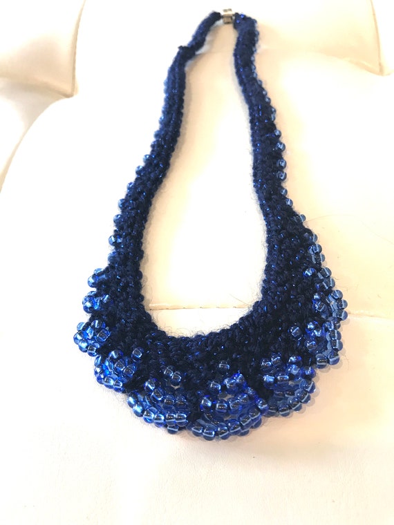 Vintage Blue Knot Crochet And Beaded Bib Necklace - image 7