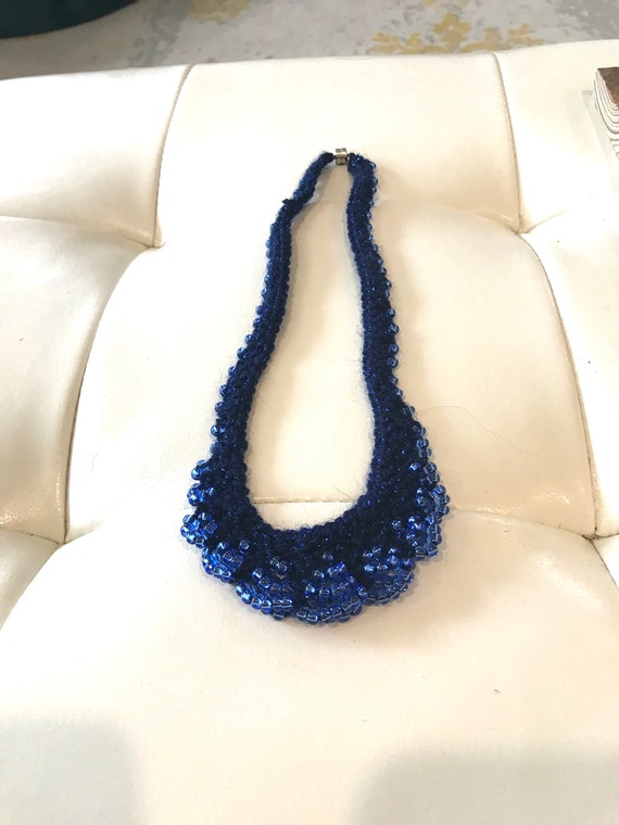 Vintage Blue Knot Crochet And Beaded Bib Necklace - image 6