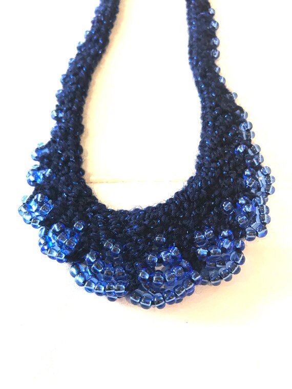 Vintage Blue Knot Crochet And Beaded Bib Necklace - image 8
