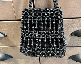 Vintage Black Velvet Beaded Evening Bag