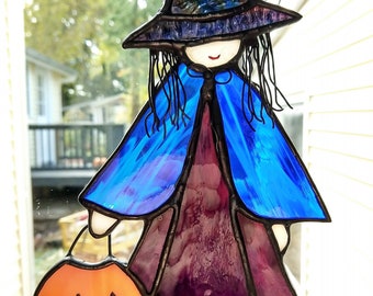 Little Halloween "Witch" Stained Glass Suncatcher -Original Design - Trick or Treat!