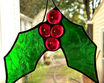 Hand Made Holly Leaf Sprig - Stained Glass Suncatcher / Ornament - Original design