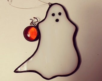 Stained Glass Ghost with Pumpkin Suncatcher - Original Design