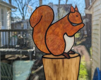 Squirrel on a stump- Original Hand Made Stained Glass Suncatcher- Copyright Dodge Glass