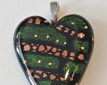 Fused Sparkly Dichroic and Aventurine Glass Heart Pendent with Silver plated bail