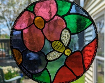 Bee in the Flowers Stained Glass Round Panel ,- Original Design