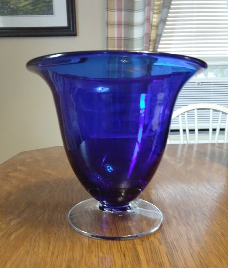 New Old Stock Mouth Blown Blenko 7 12 Footed Cobalt Vase Elegant Cobalt Blue with crystal foot