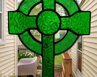 Beautiful Celtic Stained Glass Cross Suncatcher - Emerals green textured glasses.