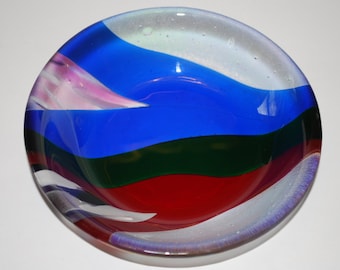 Fused Glass Iridescent and Bright Colored Bowl - 6.5" wide by 1.375" deep