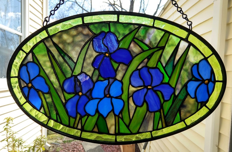 Moody Blues Oval Iris Stained Glass Panel Hand Crafted Etsy