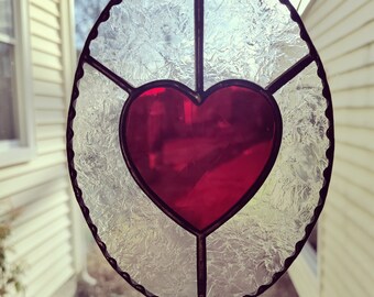 Cathedral Red Heart Suncatcher in glue chip glass oval background