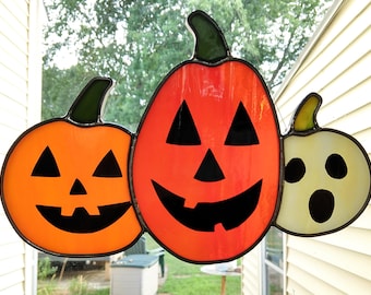 Pumpkin Friends! - Halloween JACK-O-LANTERN Triple Pumpkin Stained Glass Suncatcher- Trick or Treat! Original Design