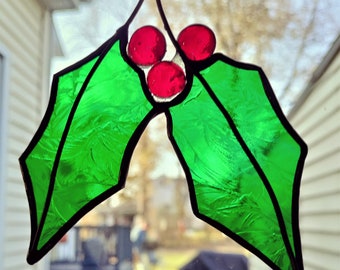 Hand Made Holly Leaf Sprig - Stained Glass Suncatcher / Ornament - Original design
