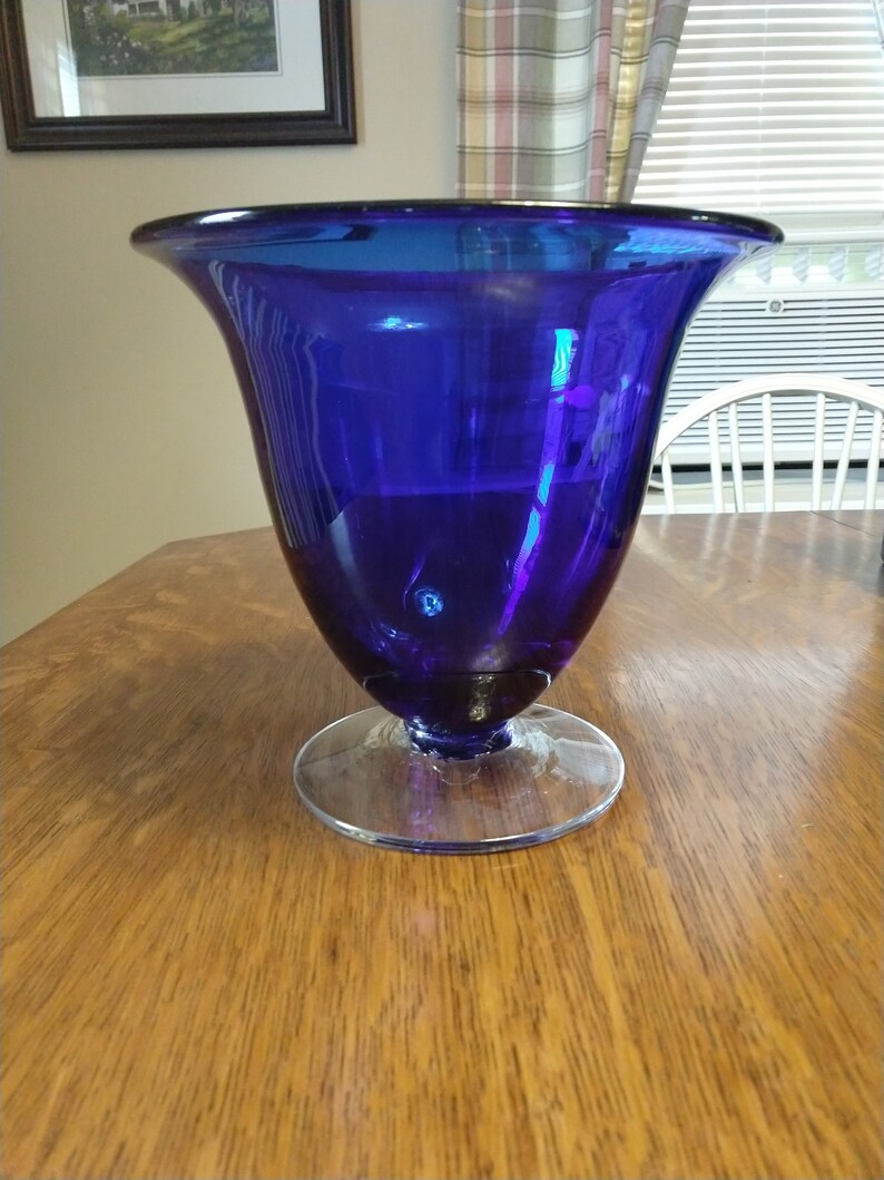 New Old Stock Mouth Blown Blenko 7 12 Footed Cobalt Vase Elegant Cobalt Blue with crystal foot