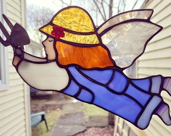 Gardening Angel- Stained Glass Little Girl Angel in Blue Jeans Overalls, Suncatcher - Original Design