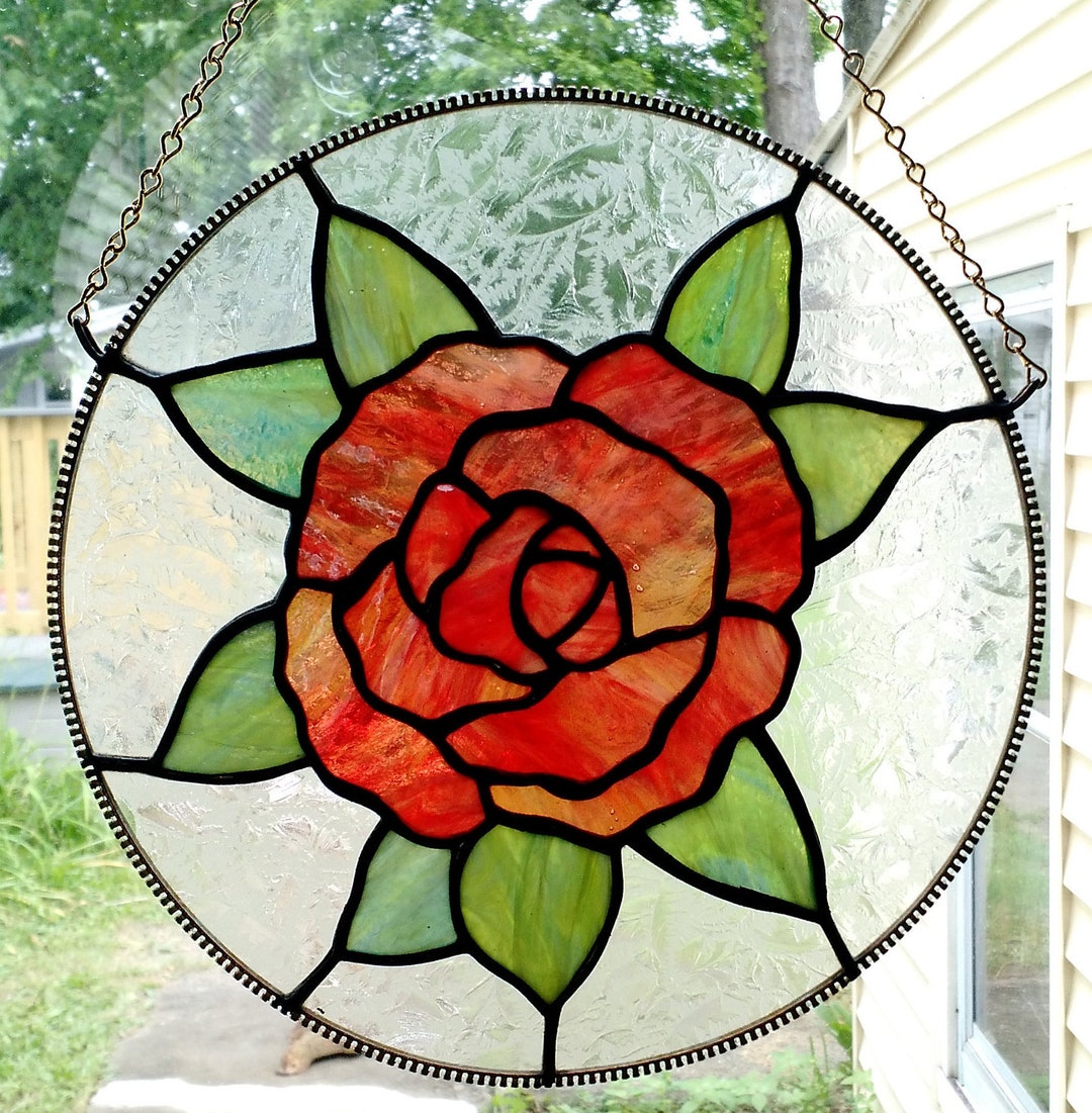 Stained Glass Rose Circle Panel in Tiffany Technique With Dark Patina ...