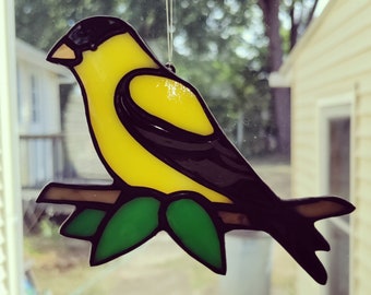Goldfinch Bird on a Branch with Leaves-  Stained Glass Suncatcher- Original design © Dodge Studio