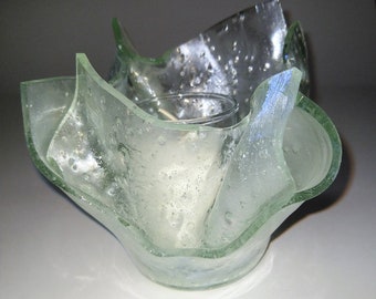 Handmade Slumped Double Layer Glass Candle Shelter - Unusual Noogie glass! Includes candle and cup.