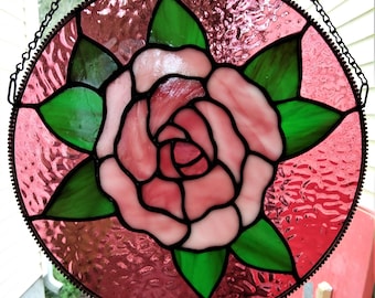Stained Glass  Rose Circle Panel in Tiffany Technique with Dark Patina