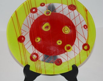 Fused Glass Plate- "Olives with Pimento"  - 8.25" diameter, 1.125" deep