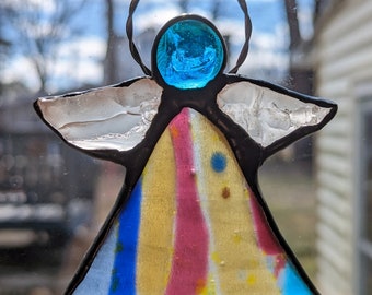 Fused and Tiffany Stained Glass Angel Suncatcher - Blue, Pink and Amber - Free Shipping