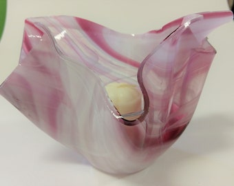 Handmade Slumped Glass Candle Shelter - Gorgeous Pink, white and clear "Peppermint"  reamy glass! Includes candle and cup.