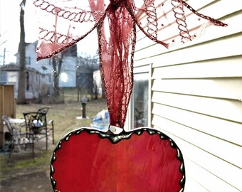 Red Iridescent Stained Glass Heart Suncatcher with Ribbon