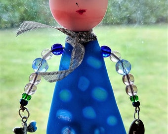 One of the Gurlz Fused Stained Glass Beaded Suncatcher- Gurl with dragonfly and heart